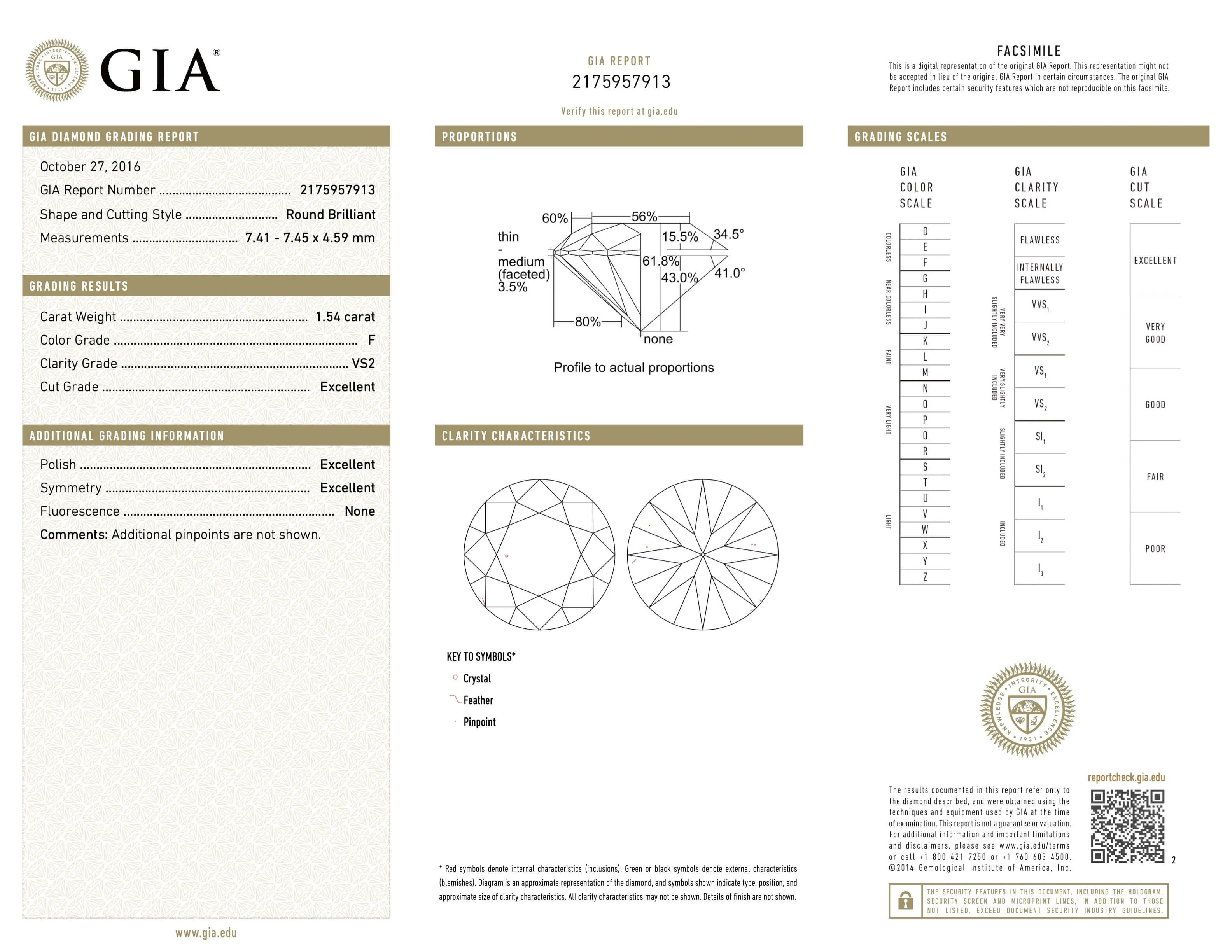 1.54 Carat F/VS2 Round Brilliant-cut Diamond, in a Platinum Band