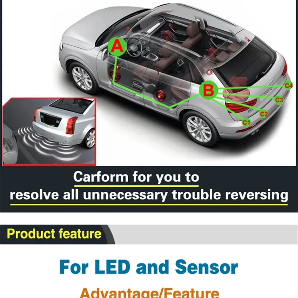4 Parking Sensors LED Display Backlight Distance Parking Reverse