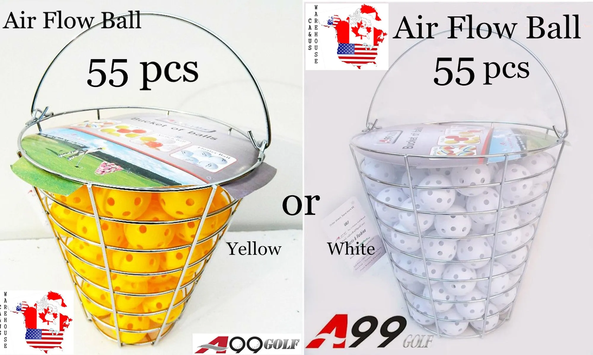 A99 Golf 55pcs Air Flow Golf Balls Practice Training Balls for Indoor Simulators, Driving Range, Swing Practice, Outdoor & Home Use Water for Fun with Iron Bucket (White or Yellow)